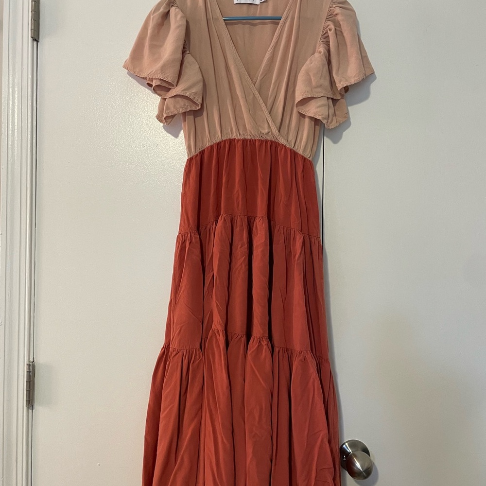 Petal & Pup Pink Tan Puff Sleeve Maxi Dress